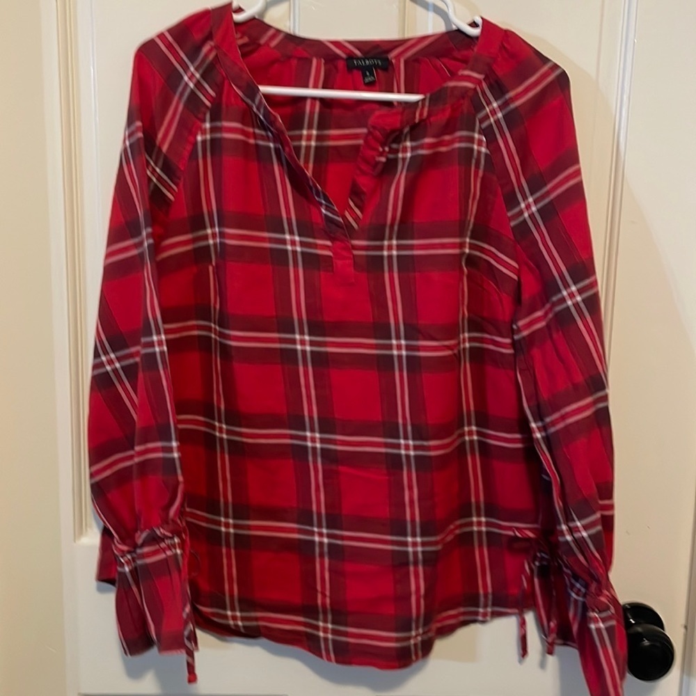 Talbots Red Plaid V-Neck Pull-Over Blouse with bell sleeves and bows size S
